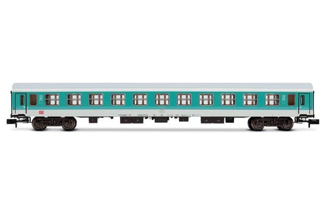 DB AG, set de 3 coches regionales, decoración verde menta/blanca, compuesto de 1 x coche ABDomsb y 2 x coches Bom, ép. V