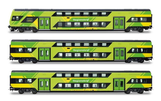 FS Trenitalia, 3-tlg. Set Vivalto-Doppelstockwagen (einer mit Führerstand) neue „Regionale”-Farbgebung