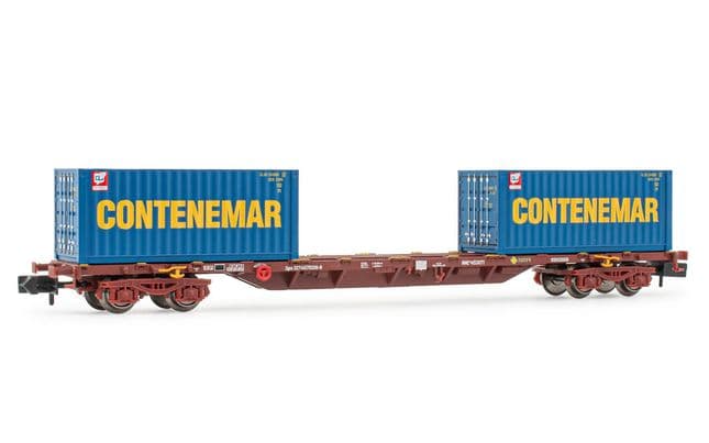 RENFE, vagón porta contenedores de 60' de 4 ejes MMC, cargado con 2 contenedores de 20' "Contenemar", ép. IV