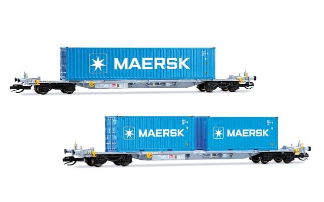 2-unit pack of 4-axle container wagons, grey livery loaded with 2 x 20' + 1 x 40' container "MAERSK"