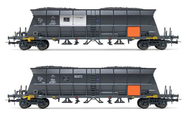 SNCF, 2-unit set of 4-axle hopper wagons for coal transport EF60, "EDF" livery with orange plate, period VI. Suitable AC wheelsets for this item: HC6100 (10,27 x 25,20 mm)