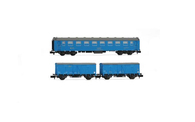 RENFE, set de 3 unidades, «Tren Taller Granada», decoración azul, compuesto de 1 coche 5000 y 2 vagones cerrados J3, èp. IV-V