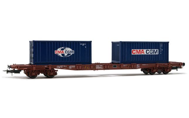 ERR, 4-achs. Flachwagen Sg, in brauner Lackierung, beladen mit 2 x 20' Container "CMA CGM", Ep. VI. Passende AC-Tauschradsätze: HC6100 (10,27 x 25,20 mm)