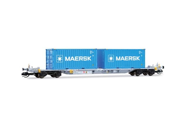 2-unit pack of 4-axle container wagons, grey livery loaded with 2 x 20' + 1 x 40' container "MAERSK"