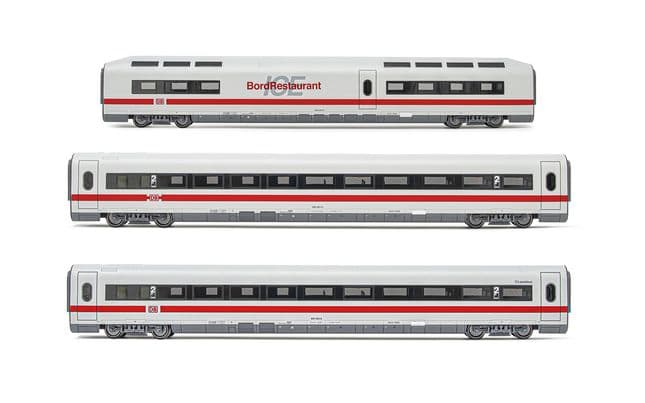 DB AG, set di 3 carrozze aggiuntive ICE 1 BR 401, livrea bianca/rossa, composto da 1 carrozza ristorante e 2 carrozze di 2a classe, Tz 157 "Landshut, ep. VI