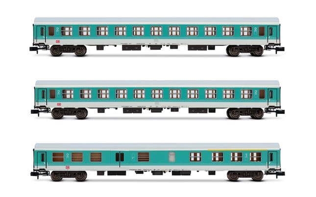 DB AG, set de 3 coches regionales, decoración verde menta/blanca, compuesto de 1 x coche ABDomsb y 2 x coches Bom, ép. V