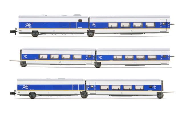 RENFE, set base de 6 unidades, Talgo 200, decoración azul/blanca con franja amarilla, ép. V