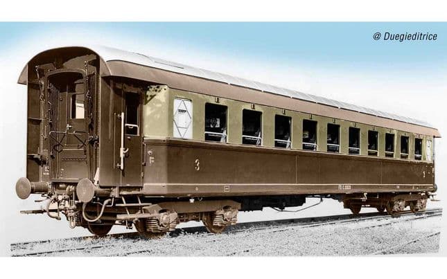 FS, 3-unit set of coaches, including 1 1st class Type 1946 Az13010 coach and 2 3rd class Type 1946 Cz33010 coaches, castano/isabella livery, period III. Suitable AC wheelsets for this item: HC6102 (10,50 x 24,50 mm)