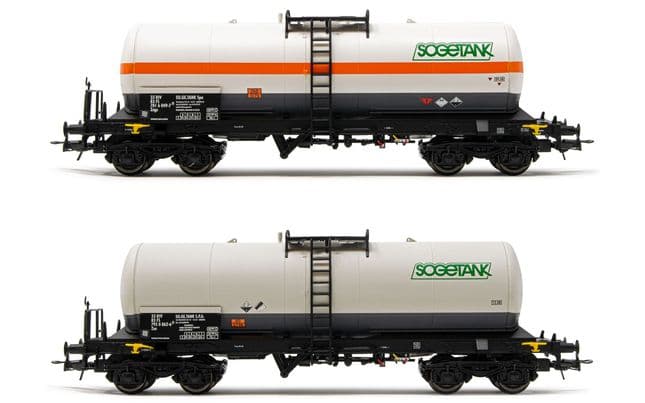 FS, 2-unit set of 4-axle tank wagons Zags/Zas, white livery with and without orange stripe, "Sogetank", period V. Suitable AC wheelsets for this item: HC6102 (10,50 x 24,50 mm)