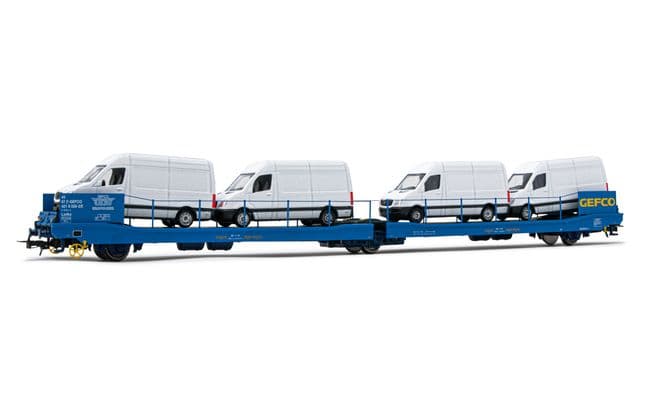 GEFCO, 3-axle flat wagon Ladks, blue livery, loaded with 4 Sprinter vans, period V-VI