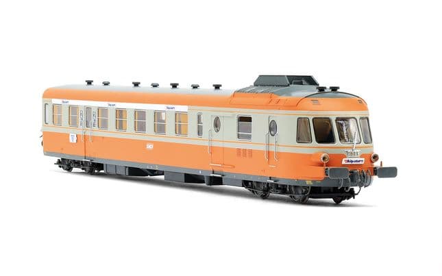 SNCF, diesel railcar RGP I with trailer in grey béton/orange livery "Alpazur", ep. IV