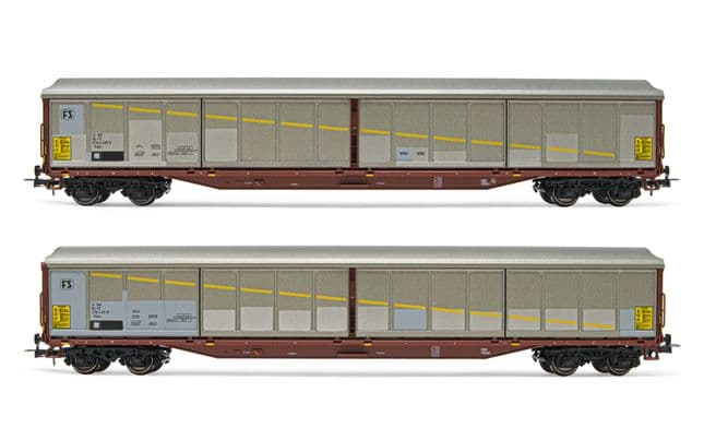 FS, 2-unit set of 4-axle wagons with sliding walls Habils, FS "Televiore" logo, period V. Suitable AC wheelsets for this item: HC6100 (10,27 x 25,20 mm)