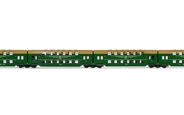DR, 4-unit set of double-decker coaches with cab-control unit and six air-vent roofs, dark green livery, period IV