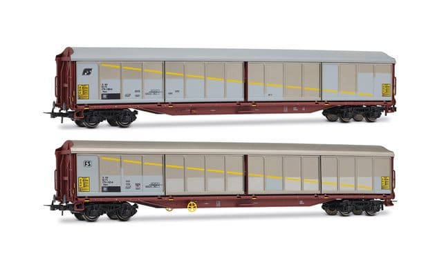 FS, 2-unit set of Habils closed wagons, in silver/brown livery with inclined and rounded FS logo, ep. V