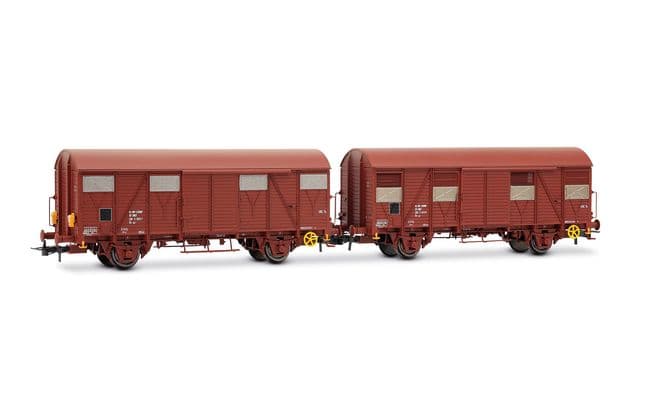 SNCF, coffret de 2 wagons à 2 essieux type Gs, livrée marron, un d'eux avec feux de fin de convoi