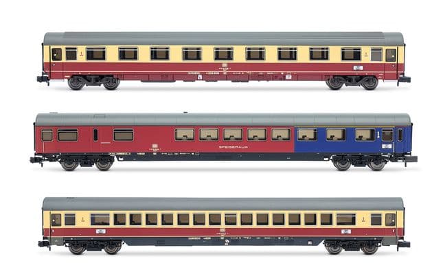 DB, 3-tlg. Set TEE-Wagen „Rembrandt", bestehend aus 1 x Speisewagen ARmh217 + 1 x Apmz122 + 1 x Avmz207, Ep. IV