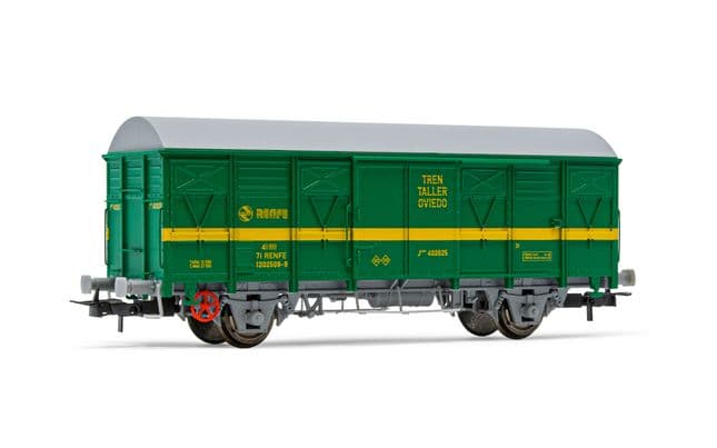 RENFE, 2-axle closed wagon J2, green/yellow livery, "Tren Taller Oviedo", period IV. Suitable AC wheelsets for this item: HC6101 (11,27 x 24,25 mm)
