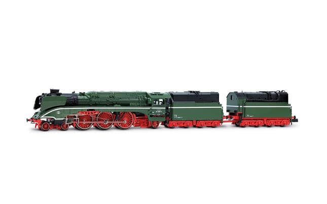 DR, locomotora de vapor 02 0201-0, decoración verde cromo con línea decorativa blanca, con ténder de alta capacidad y ténder adicional, ép. V