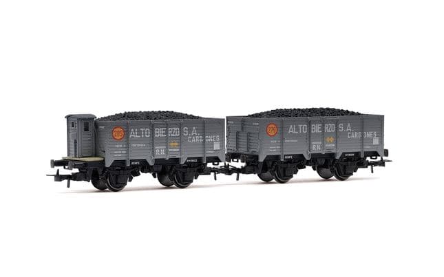 RENFE, set de 2 vagones abiertos de 2 ejes, tipo X unificado corto, cargados con carbón, decoración gris-negro
