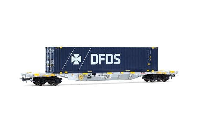 4-achs. Containerwagen der Bauart Sgnss, graue Farbgebung, beladen mit 45'-Container „DFDS”