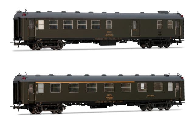 RENFE, set de 2 coches 5000, decoración verde oliva, compuesto de 1 furgón BBD4 y 1 coche bar AAR, ép. IV