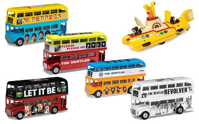 The Beatles - Set of 5 Album Cover London Bus models PLUS Yellow Submarine