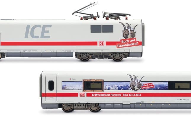 DB AG, ICE1, Tz 186 „Chur“ mit zusätzlichen Schweizer Stromabnehmern, 4-tlg. Grundset (Lok, Dummy, Servicewagen + Wagen 2. Klasse), „Bock auf Graubünden“