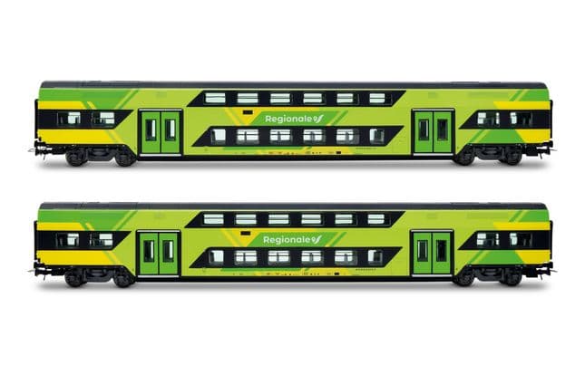 FS Trenitalia, 2-unit pack of Vivalto intermediate double-decker coaches, new "Regionale" livery, green/yellow
