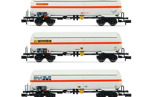 SNCF, 3-unit 4-axle gas tank wagons, contains 1 x "ERMEWA SATI", 1x "Millet" and 1 x "simotra", period IV-V