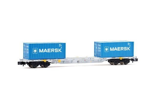 4-achs. Containerwagen Sgnss, graue Farbgebung, beladen mit 2 x 20'-Containern „MAERSK”