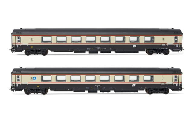 FS, set di 2 carrozze salone Gran Confort 1985, livrea Bandiera, composto da 1 carrozza A e 1 carrozza AH per trasporto disabili, ep. V