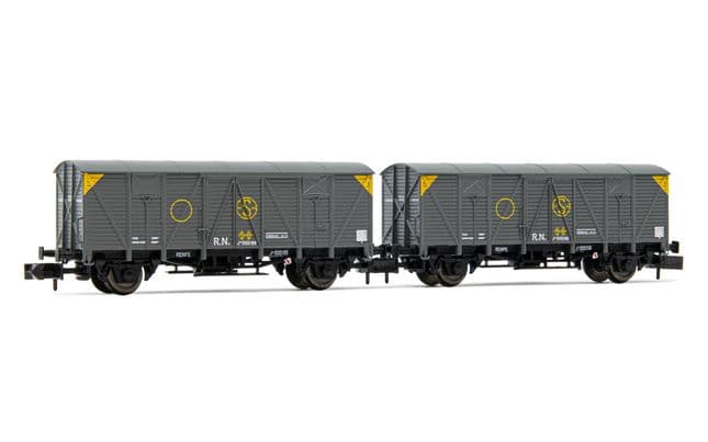 R.N, 2-unit set of 2-axle closed wagons J3, grey "Sindicato de la Naranja" livery, period III