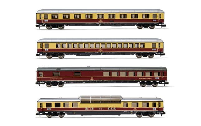 DB, coffret de 4 voitures "TEE- Rheinpfeil", livrée beige/rouge, composé de 1 x voiture Avümh, 1 x voiture Apümh, 1 x voiture Adümh et 1 x voiture Wrüm, ép. III-IV