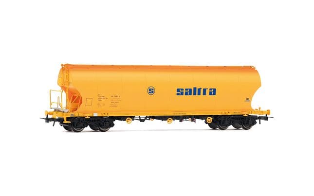RENFE, 4-axle cereal hopper wagon, "Saltra", yellow livery with blue logo