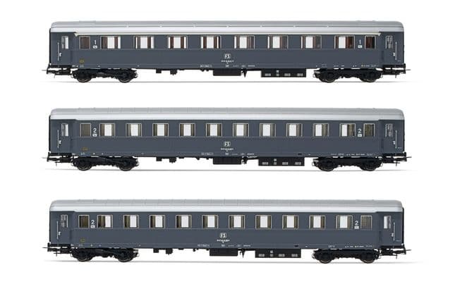 FS, 3-unit set of coaches, including 1 1st class Type 1946 Az13010 coach and 2 2nd class Type 1946 Bz33010 coaches, grey livery, period IV. Suitable AC wheelsets for this item: HC6102 (10,50 x 24,50 mm)