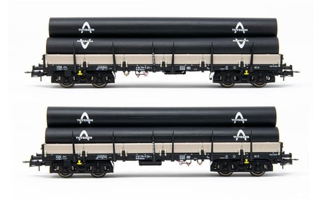DB, 2-unit set of 4-axle flat wagons Remms, loaded with tubes "Thyssen", period IV. Suitable AC wheelsets for this item: HC6100 (10,27 x 25,20 mm)