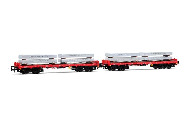 D-DBSR, 2-unit pack of 4-axle flat wagons Rmms, traffic red livery, loaded with aluminum blocks