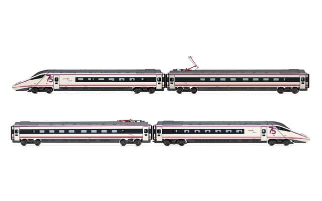 RENFE, set de 4 unidades, automotor eléctrico de alta velocidad S-114, decoración «75 aniversario RENFE», ép. VI