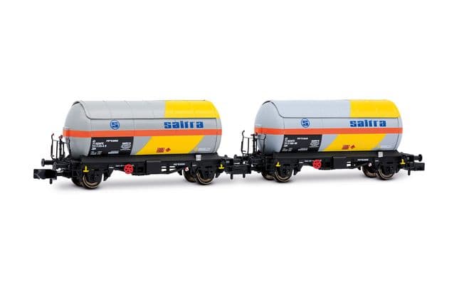 RENFE, 2-tlg. Set 2-achs. PR-Kesselwagen, „Saltra“, gelb-graue Farbgebung