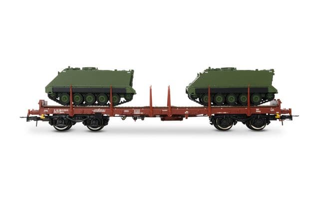 FS, set di 2 carri pianale a 4 assi composto da 1 carro Rgs caricato con 2 container da 20 piedi e 1 carro Rgmms caricato con 2 veicoli militari M113, ep. IV-V