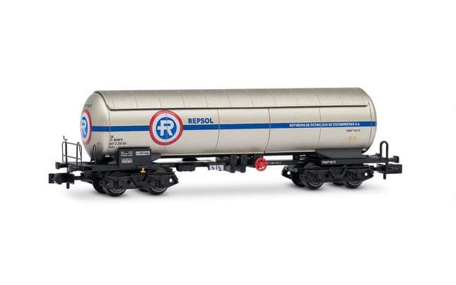 RENFE, 4-achs. Rohölkesselwagen PRR, „Repesa-Repsol”, weiß-orange Farbgebung