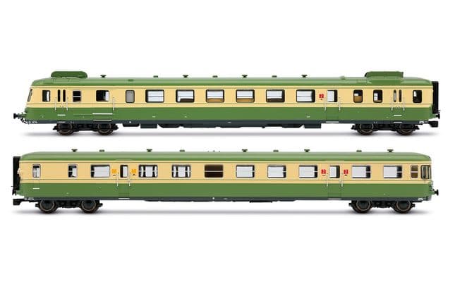 SNCF, Dieseltriebwagen RGP II, Trieb- und Beiwagen in modernisierter Ausführung, grün-beige Farbgebung, Ep. IV