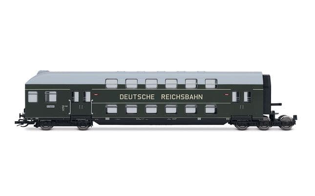 DR, 4-tlg. Doppelstockeinheit mit Steuerabteil, in grüner Farbgebung mit grauem Dach, Ep. III