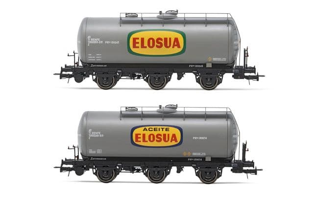 RENFE, 2-unit set of 3-axle tank wagons, grey livery, "Elosua", period IV. Suitable AC wheelsets for this item: HC6101 (11,27 x 24,25 mm)