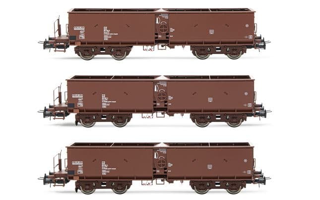 DR, 3-unit set of 4-axle self-discharging wagons Fal-zz, brown livery, period IV. Suitable AC wheelsets for this item: 11,00 x 23,30 mm