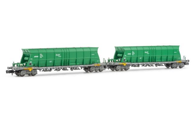 RENFE Mercancías, set de dos vagones tolva tipo Faoos, decoración verde, ép. V-VI