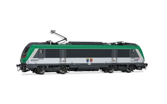 SNCF, locomotive électrique tritension « Astride » BB 36031, blasons « Bons-en-Chablais / Castione », livrée fret , ép. V
