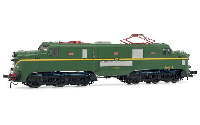 RENFE locomotora electrica 277.047, decoración verde/amarillo, ép. IV