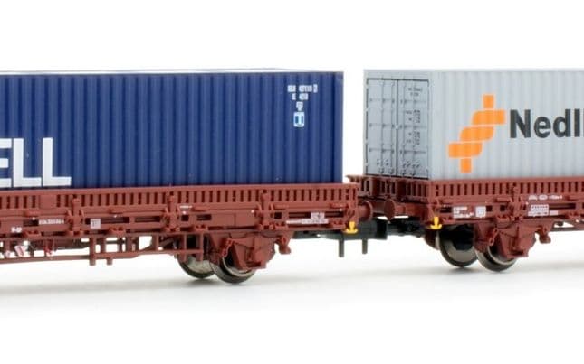 Arnold (N 1: 160), NS, 2-Einheit festgelegt Flachwagen Kbs, braune Lackierung, beladen mit einem 40' Containern BELL und zwei 20'-Container Nedlloyd und P &amp; O, Punkt IV-V