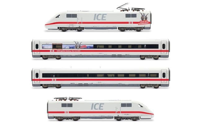 DB AG, ICE1, Tz 186 „Chur“ mit zusätzlichen Schweizer Stromabnehmern, 4-tlg. Grundset (Lok, Dummy, Servicewagen + Wagen 2. Klasse), „Bock auf Graubünden“